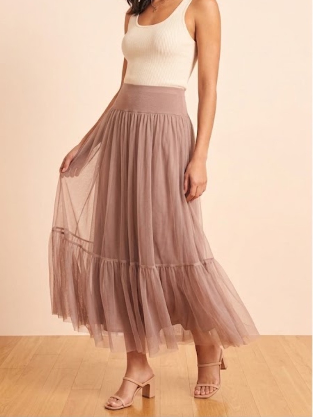 Suzy D London Keval Tulle Maxi Skirt Taupe S Tiered Mesh Elastic Waist Lined
AA